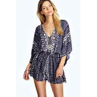 Blue Printed Kimono Style Playsuit - blue