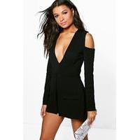 blazer style cut out shoulder playsuit black