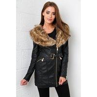 Black Faux Leather Fur Coat with Belt