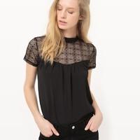 Blouse with Lace Yoke and Small Collar