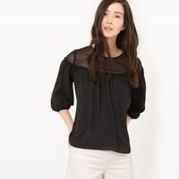 Blouse with 3/4 Length Sleeves and Transparent Inset