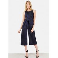 Black and Navy Striped Tie Front Culotte Jumpsuit