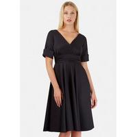 Black Roll Sleeve V Neck Flared Dress