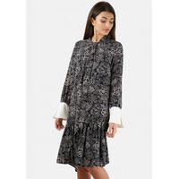 Black and White Contrast Cuff Paisley Print Dress