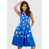 Blue Polka Dot Sleeveless Dress With Belted Waist
