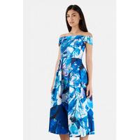 Blue Floral Print Bardot Dress