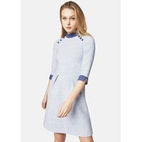 Blue High Collar 3/4 Sleeve Pleated Skirt Dress