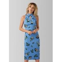 Blue Floral Print High Collar Pencil Dress