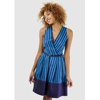 blue stripe wrap over pleated dress