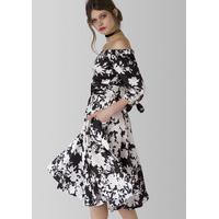 black and white print bardot bow sleeve front split dress