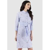 Blue Long Sleeve Tie Front Shirt Dress With Cherry Embroidery