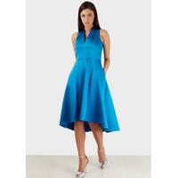 Blue High Collar V Neck Hi-Low Dress