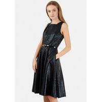 Black Metallic Textured Belted Skater Dress