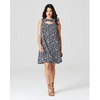 Blue Floral PrinCut Out Neck Swing Dress