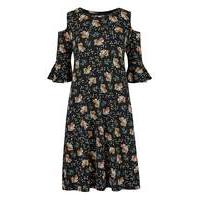 Black Floral Print Cold Shoulder Dress