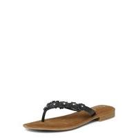 Black Leather Floral Sandals, Black