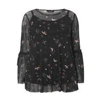 Black Bird Print Mesh Top, Navy