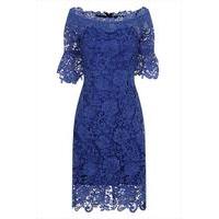 Blue Floral Crochet Lace Bardot Dress