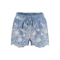 Blue Denim Look Cream Floral Embroidery Shorts