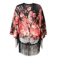 Black Pink & White Rose & Lace Print Kimono