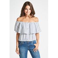 Blue Stripe Ruffle Bardot Top