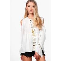 Black Mirrored Trim Cold Shoulder Top - white