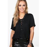 Blair Eyelet Lace Up Roll Sleeve Top - black