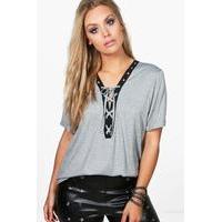 Blair Eyelet Lace Up Roll Sleeve Top - grey