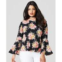 Black Print Flared Sleeve Bardot Top