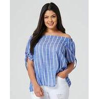 blue bardot blouse with tie sleeves