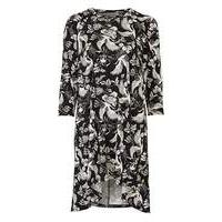 Black/White Floral Ruched Shoulder Tunic