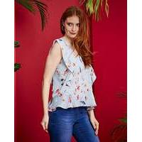 Blue Floral Frill Sleeve Peplum Blouse