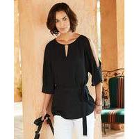 black split sleeve top with tie belt