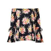 Black Print Flared Sleeve Bardot Top
