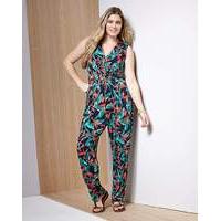 Black/Green Print Wrap Front Jumpsuit