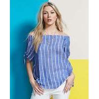 blue bardot blouse with tie sleeves