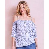 Blue Print Tie Neck Cold Shoulder Top