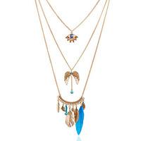 Blue Multilayer Tissue Beads Strand Leaf Peandant Layered Necklace