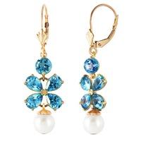 Blue Topaz and Pearl Blossom Drop Earrings 3.25ctw in 9ct Gold