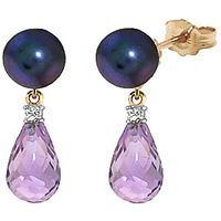 Black Pearl, Diamond and Amethyst Stud Earrings 6.5ctw in 9ct Gold