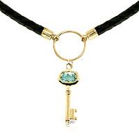 Blue Topaz Key Charm Leather Pendant Necklace 0.5ct in 9ct Gold