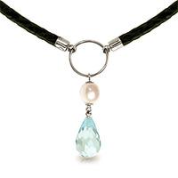 Blue Topaz and Pearl Leather Pendant Necklace 9.0ctw in 9ct White Gold