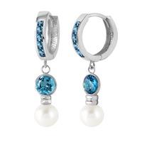 Blue Topaz and Pearl Huggie Earrings 4.3ctw in 9ct White Gold