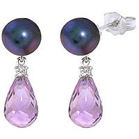 Black Pearl, Diamond and Amethyst Stud Earrings 6.5ctw in 9ct White Gold