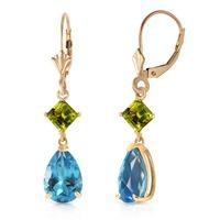 Blue Topaz and Peridot Droplet Earrings 4.5ctw in 9ct Gold