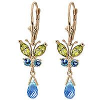 Blue Topaz and Peridot Butterfly Drop Earrings 2.74ctw in 9ct Gold