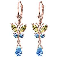 Blue Topaz and Peridot Butterfly Drop Earrings 2.74ctw in 9ct Rose Gold