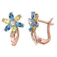 Blue Topaz, Diamond and Peridot Flower Petal Stud Earrings 1.0ctw in 9ct Rose Gold