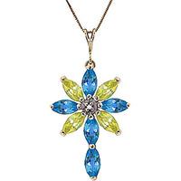 Blue Topaz, Diamond and Peridot Flower Cross Pendant Necklace 1.98ctw in 9ct Gold
