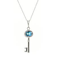 Blue Topaz Key Charm Pendant Necklace 0.5ct in 9ct White Gold